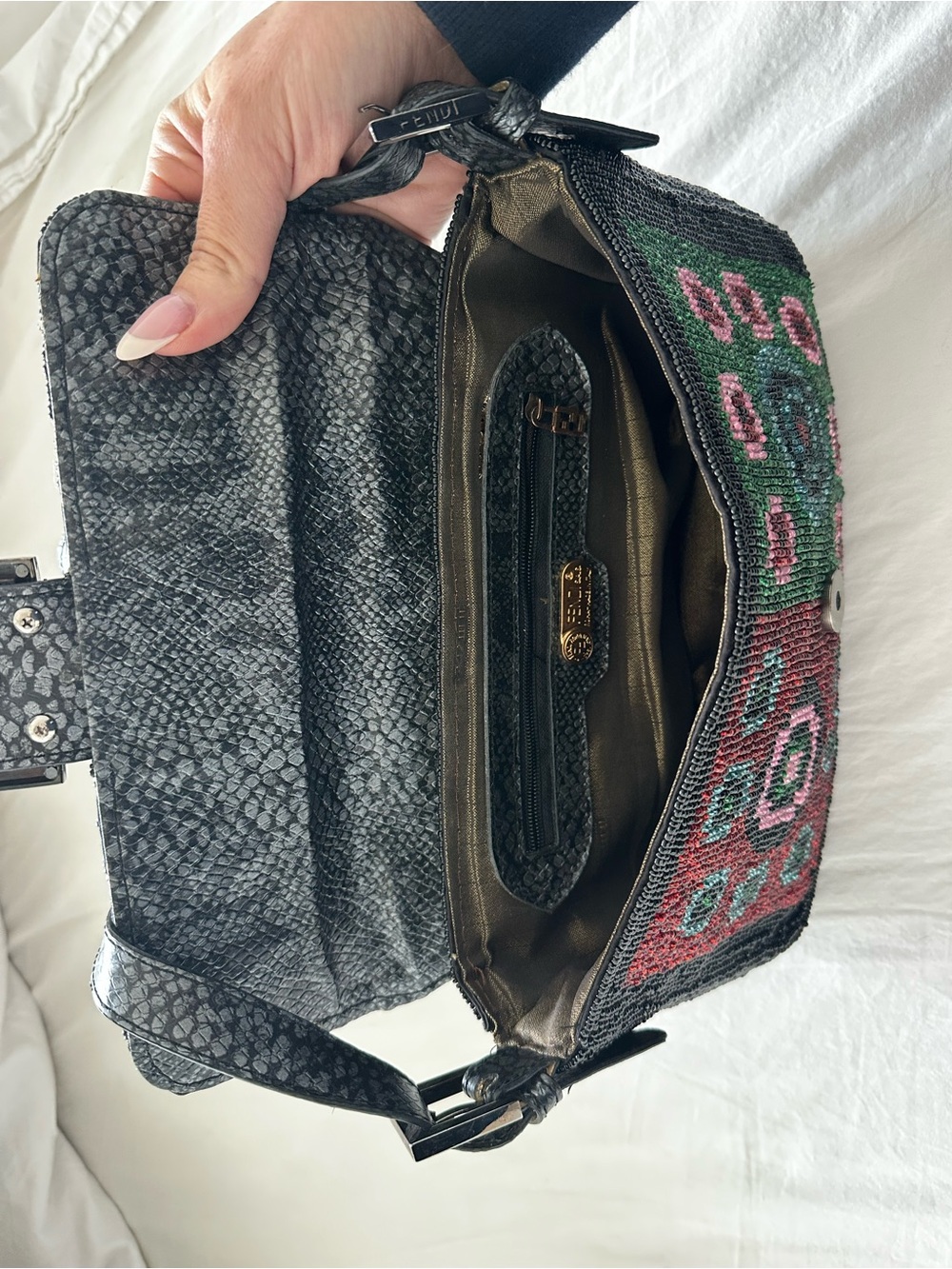 SOLD ❤️ Fendi Zucca FF Lizard-Trim Beaded Baguette - Picture 14 of 16